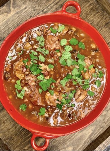 A red bowl with braised short ribs in it topped with chopped parsley